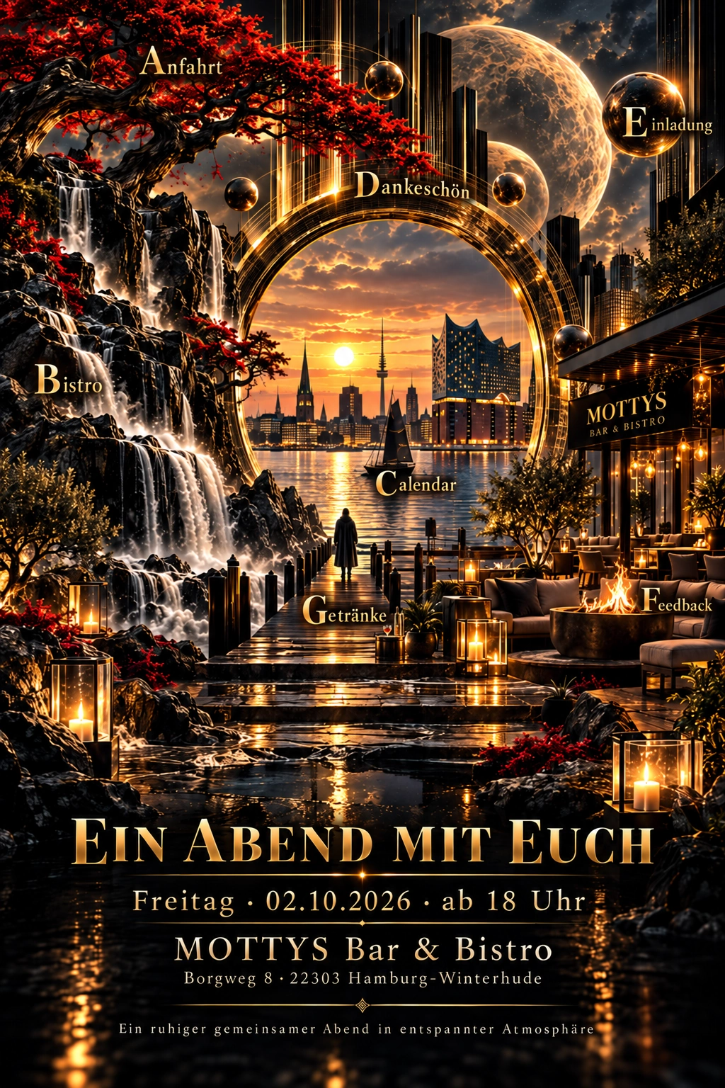 Goldene Abendlandschaft mit rotem Baum, Wasserfällen, Segelboot, Lichtbogen, Planeten und Feuerstelle. Die beschrifteten Bildobjekte öffnen die Funktionen der Einladung.